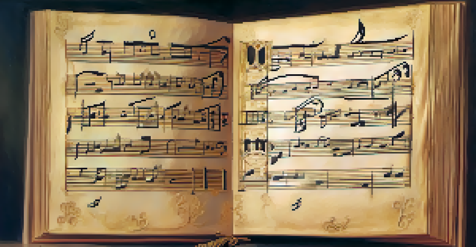 An aged music manuscript of Gregorian Chant with intricate calligraphy and candlelight reflections.