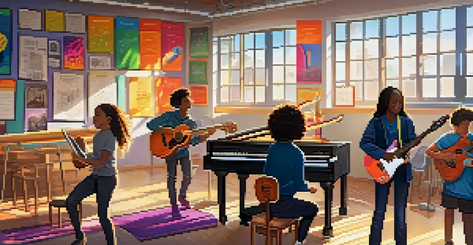 A classroom filled with diverse students engaged in music learning with a teacher using a digital tablet, surrounded by instruments and colorful decorations.