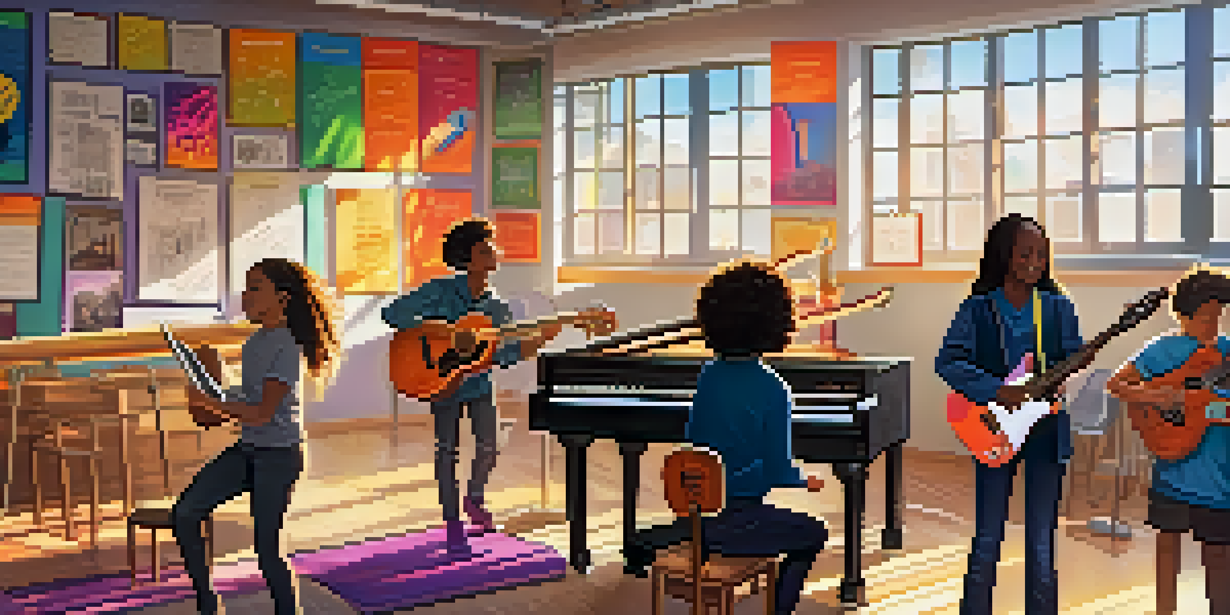 A classroom filled with diverse students engaged in music learning with a teacher using a digital tablet, surrounded by instruments and colorful decorations.
