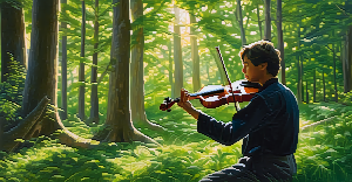 A musician playing a violin in a sunlit forest, with green trees and dappled shadows on the ground.
