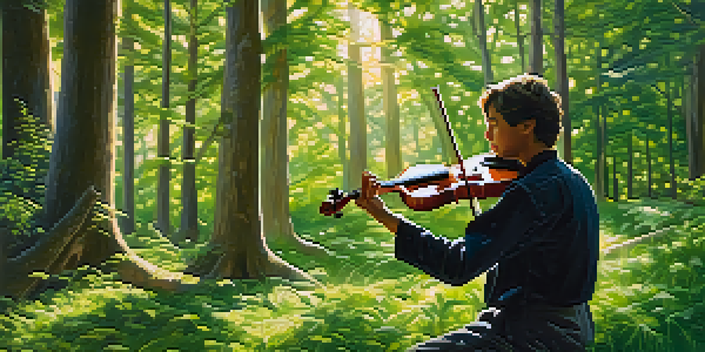 A musician playing a violin in a sunlit forest, with green trees and dappled shadows on the ground.