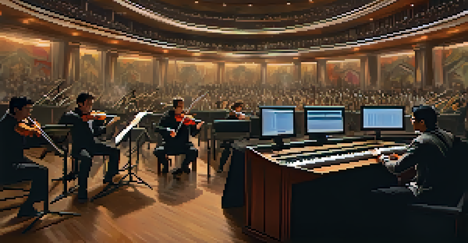 A composer scoring an action film with an orchestra, surrounded by musicians and an intense film scene on the screen.