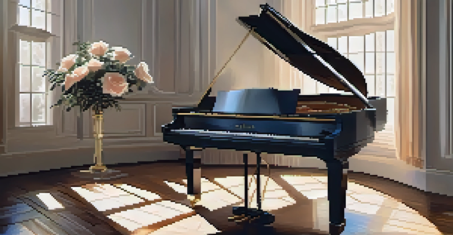 A grand piano in a softly lit room with scattered sheet music and a rose on top, creating a tranquil atmosphere.