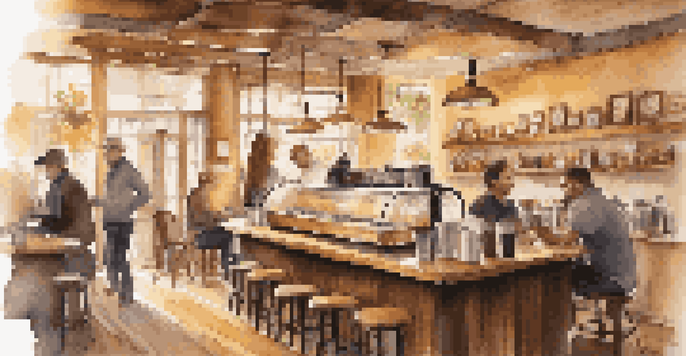 A warm and inviting coffee shop with a barista making coffee, customers engaged in activities, and music notes symbolizing acoustic melodies in the air.