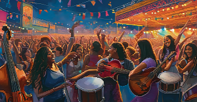 A lively music festival with diverse women musicians performing on stage, surrounded by colorful lights and an enthusiastic crowd.