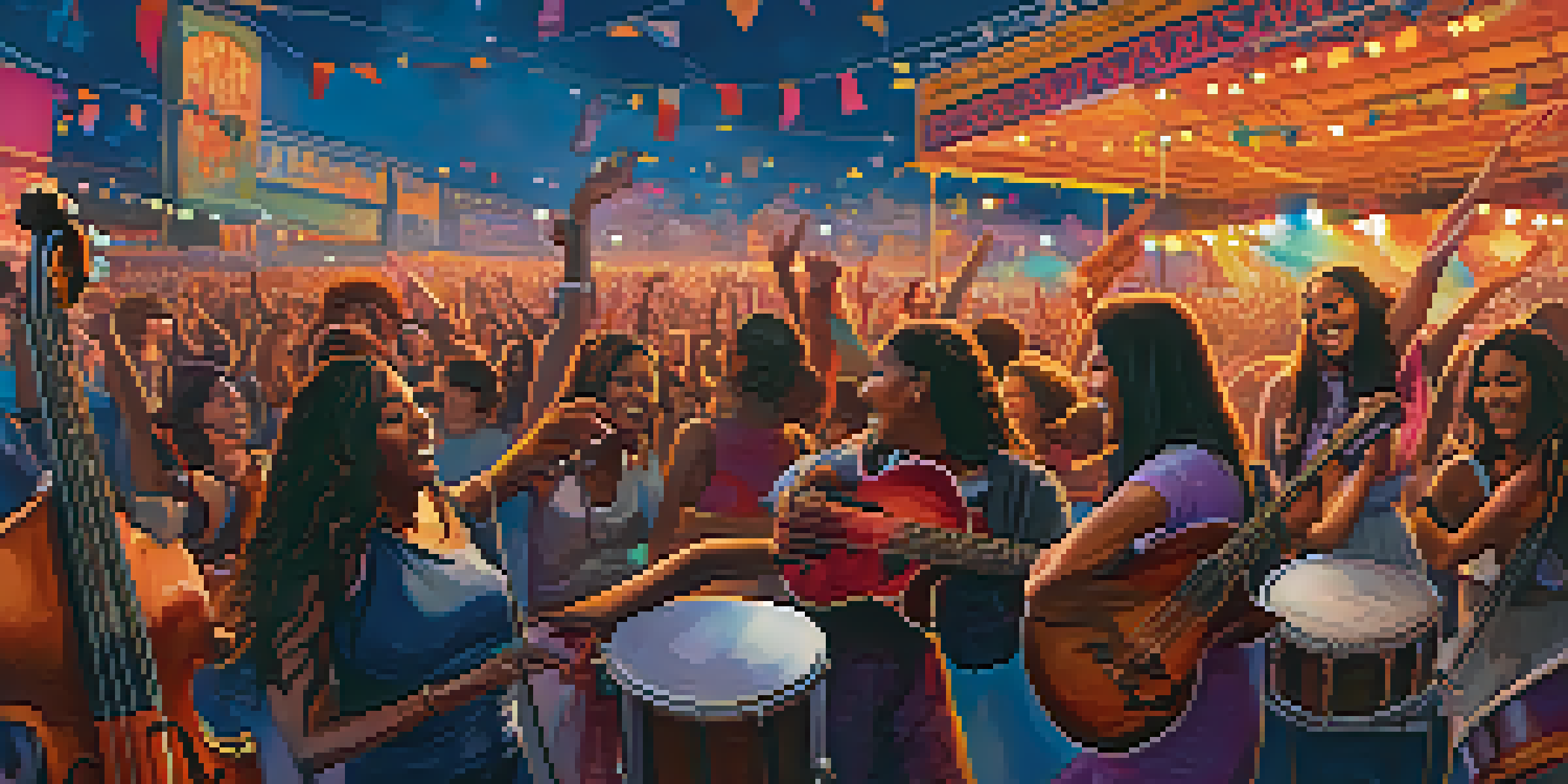 A lively music festival with diverse women musicians performing on stage, surrounded by colorful lights and an enthusiastic crowd.