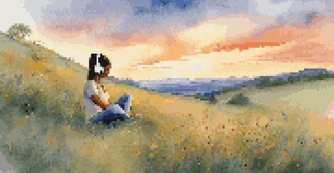 A person meditating on a grassy hill with headphones, surrounded by wildflowers under a colorful sunset.
