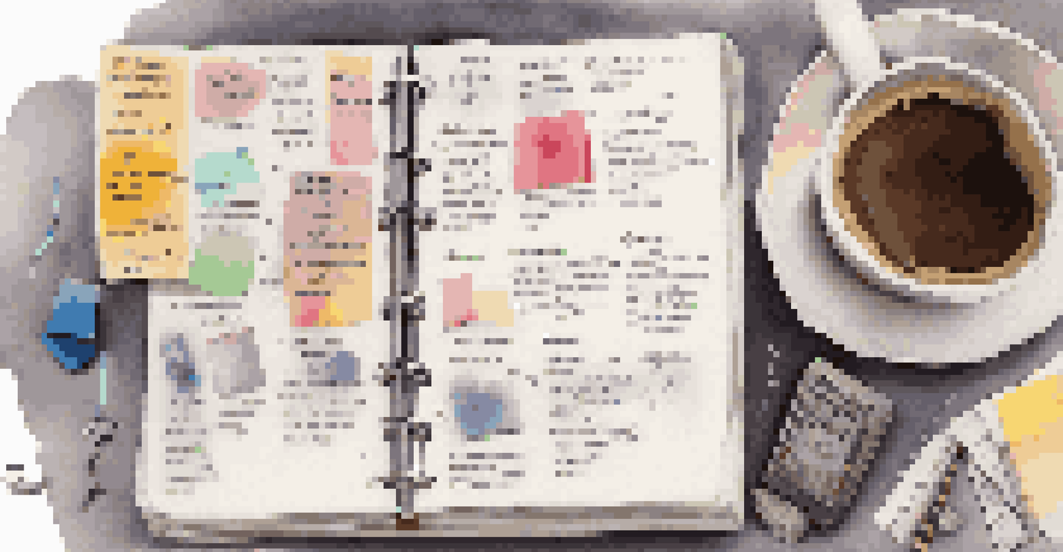 A close-up of an artist's project log with handwritten notes, colorful sticky notes, and a cup of coffee in a creative studio.