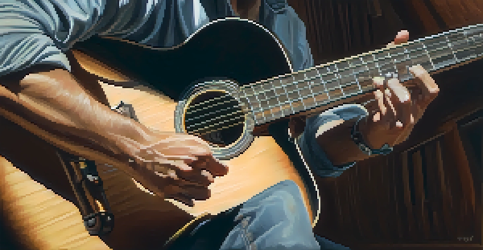 A close-up of a hand playing a guitar, with a focus on the fretboard and strings, set in a warm and inviting atmosphere.