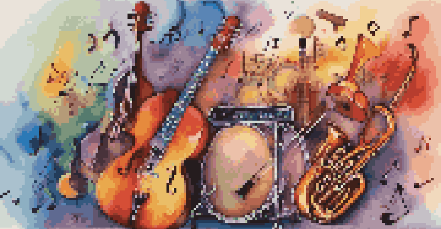 An abstract image showing the fusion of traditional and modern music genres with colorful musical notes and instruments.