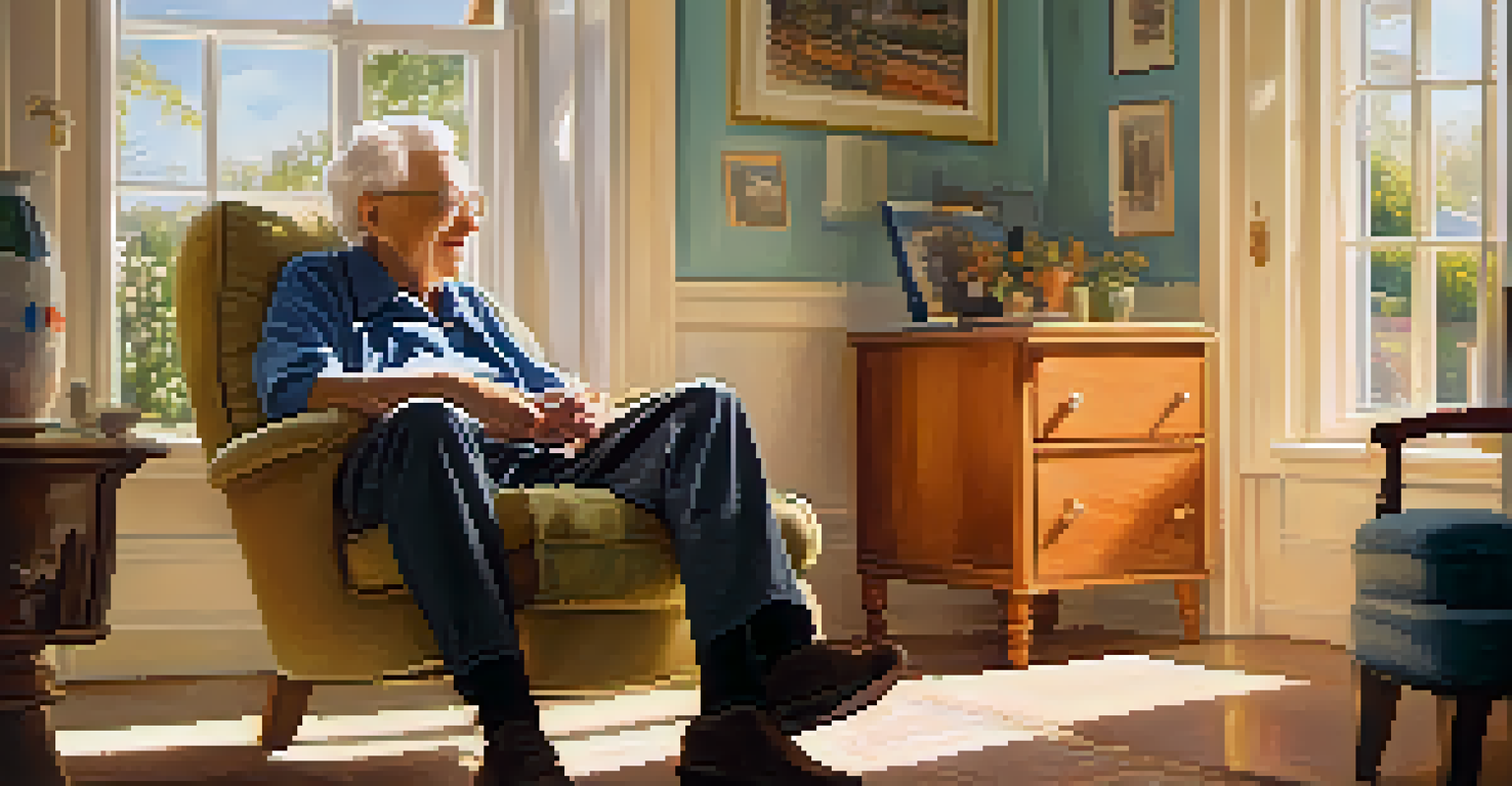 An elderly person enjoying music in a bright room, surrounded by family photos, looking joyful and nostalgic.