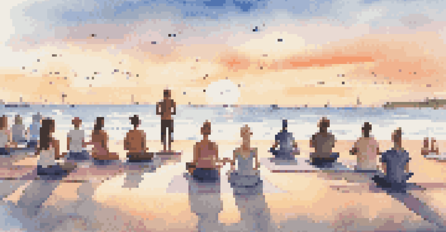 A group of people practicing yoga on the beach during sunset, with music notes floating in the air.