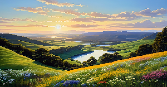 A beautiful valley with a winding river, wildflowers, and a clear blue sky.