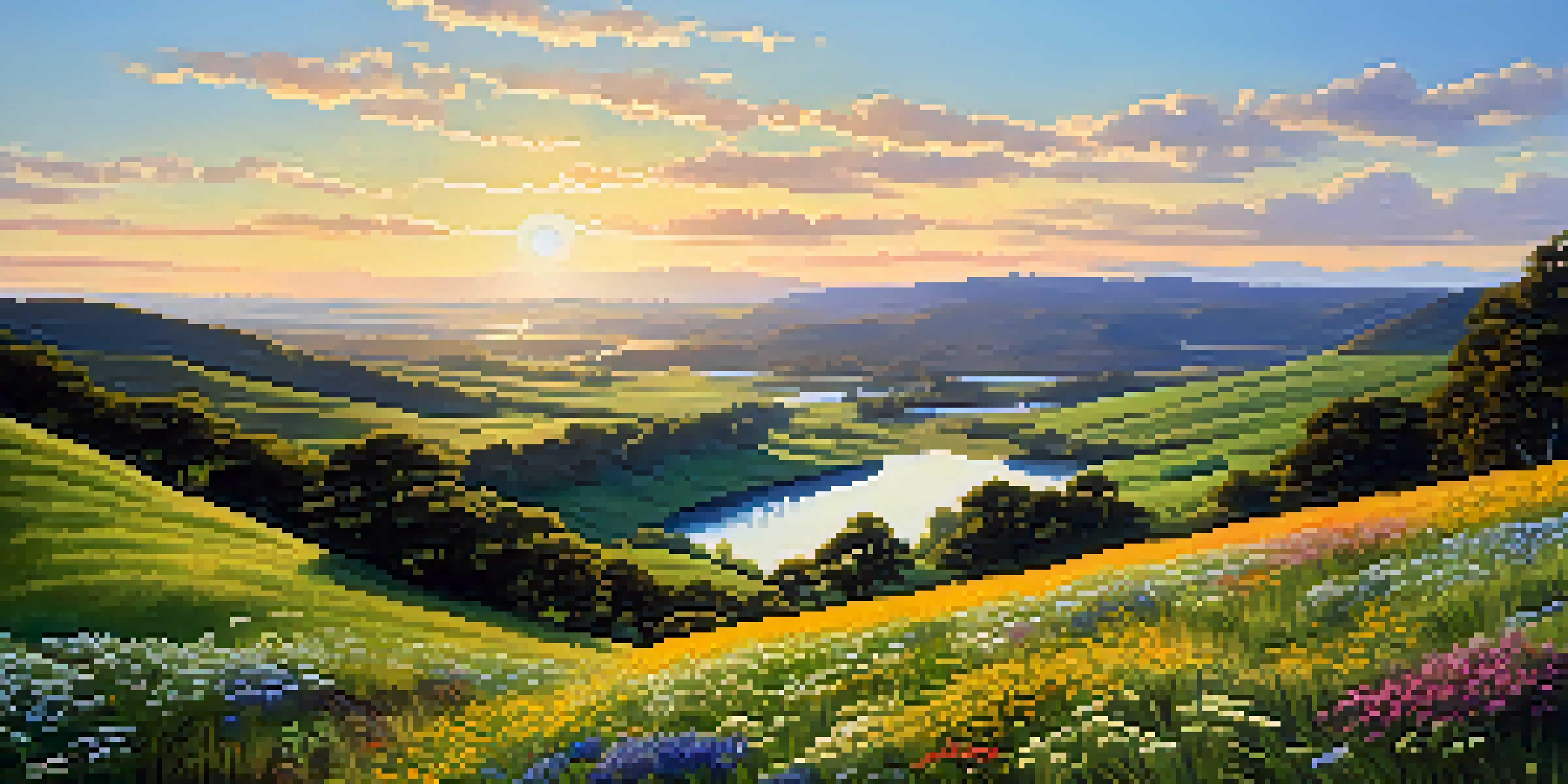 A beautiful valley with a winding river, wildflowers, and a clear blue sky.