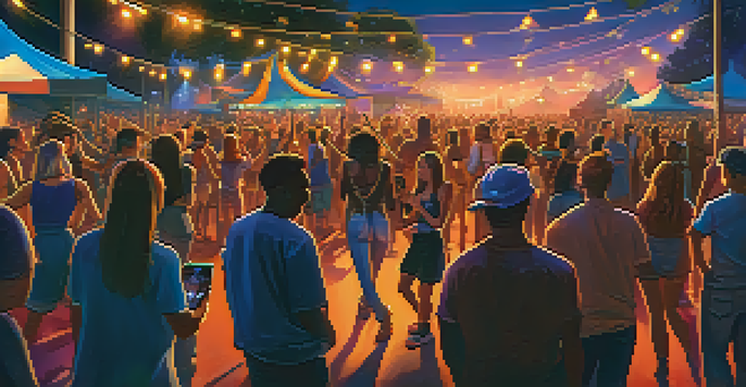 A lively music festival at dusk with musicians performing on stage and a diverse crowd enjoying the show.