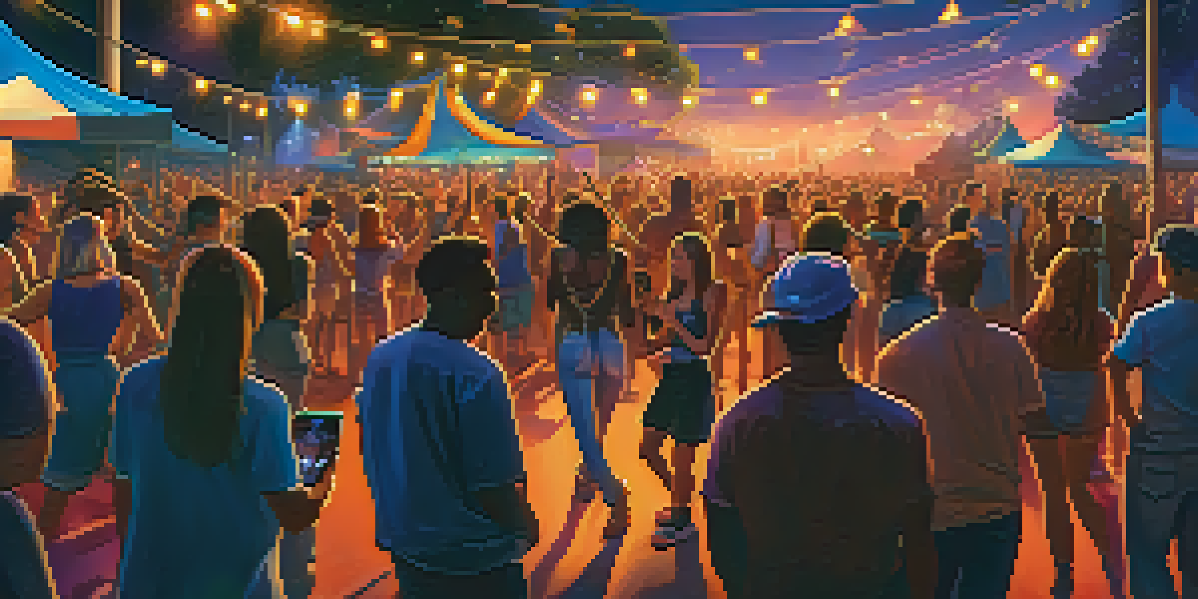 A lively music festival at dusk with musicians performing on stage and a diverse crowd enjoying the show.