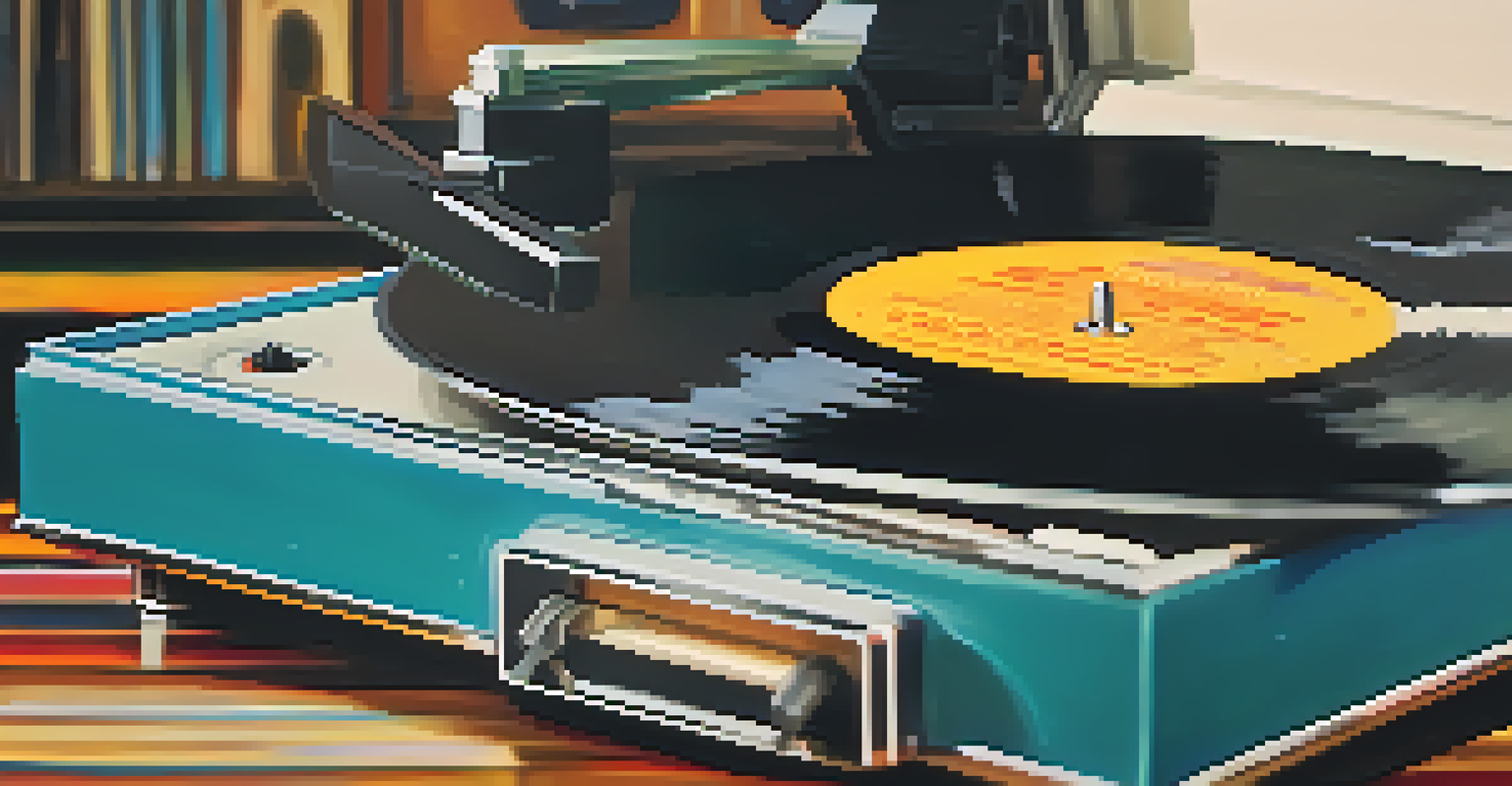 A detailed view of a vintage record player with a spinning vinyl record and colorful album cover.
