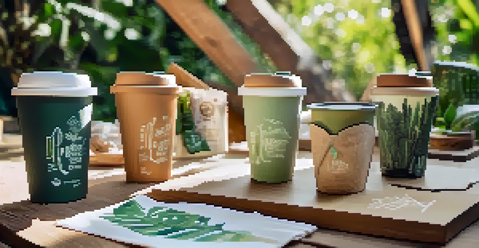 A close-up of eco-friendly merchandise at a festival, showcasing reusable cups and sustainable fashion.