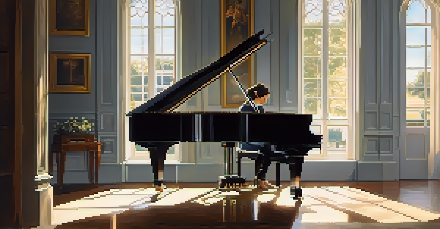 A pianist in a sunlit room at a grand piano, with fingers resting on the keys, creating a tranquil atmosphere of creativity.
