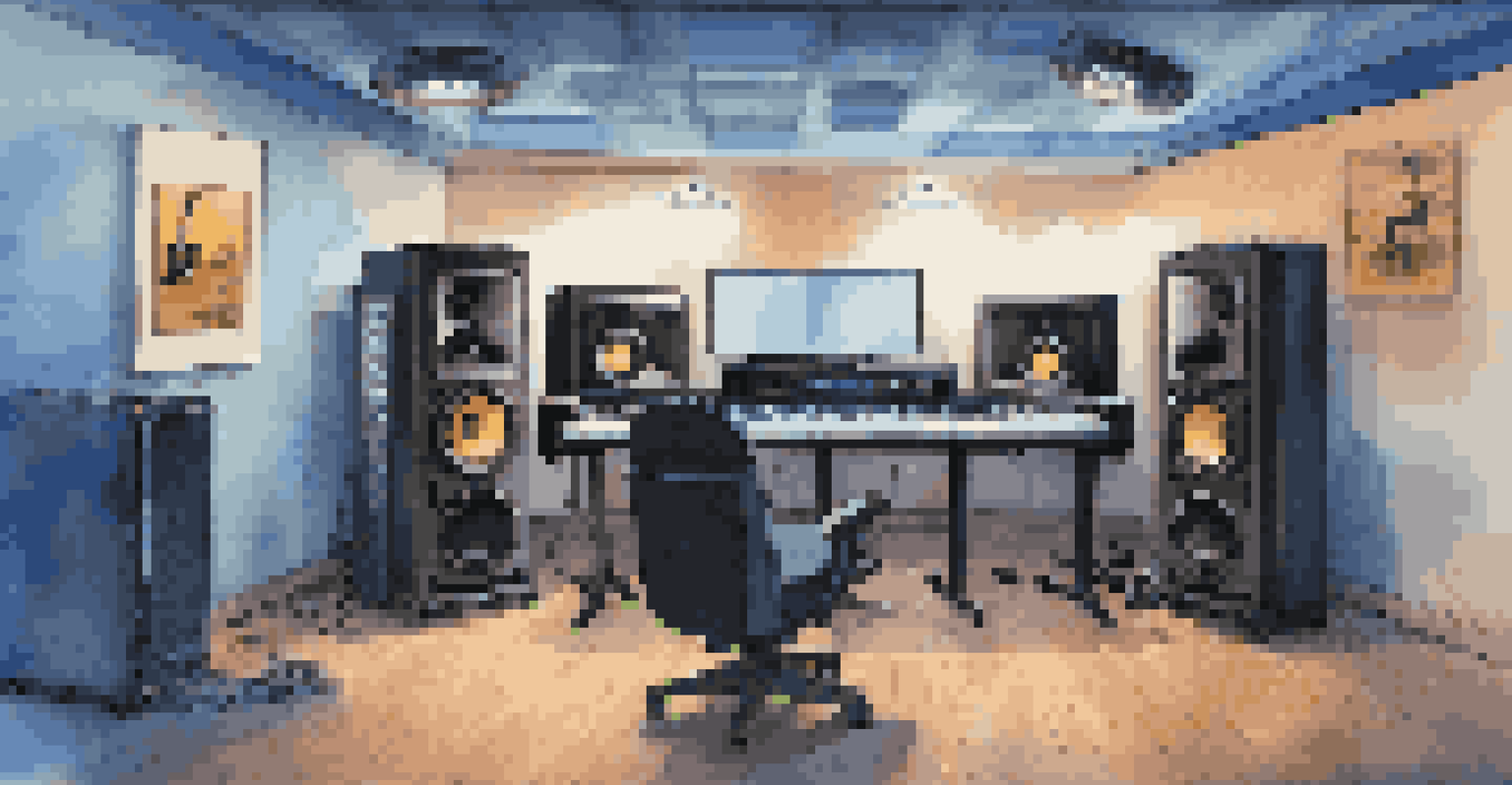 A modern music studio showcasing a mixing console, instruments, and blue LED lights for a calming effect.