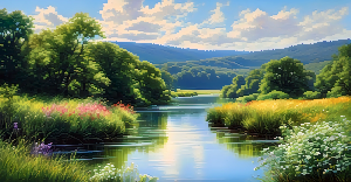 A peaceful river landscape with greenery and flowers under a blue sky.