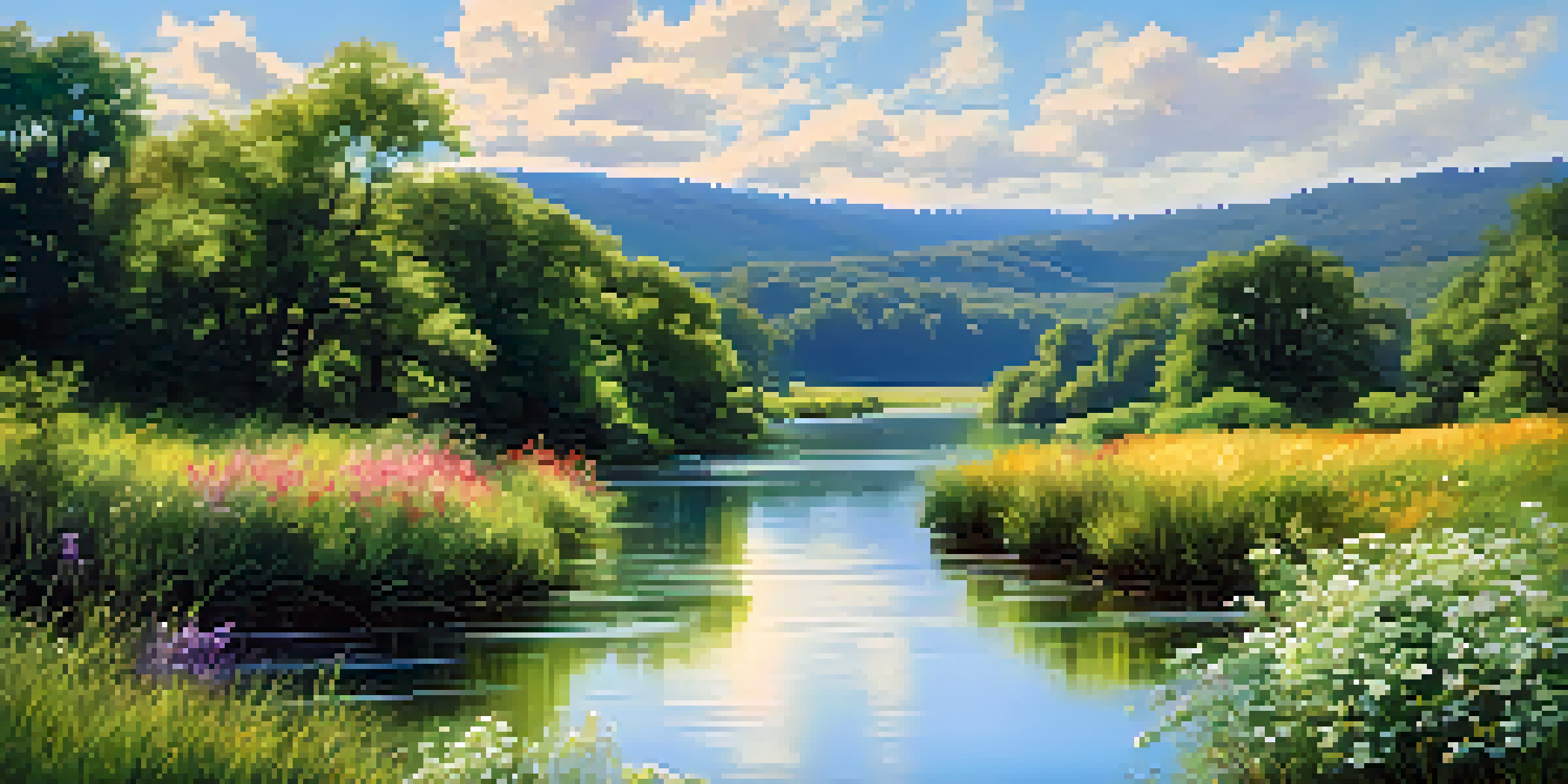 A peaceful river landscape with greenery and flowers under a blue sky.