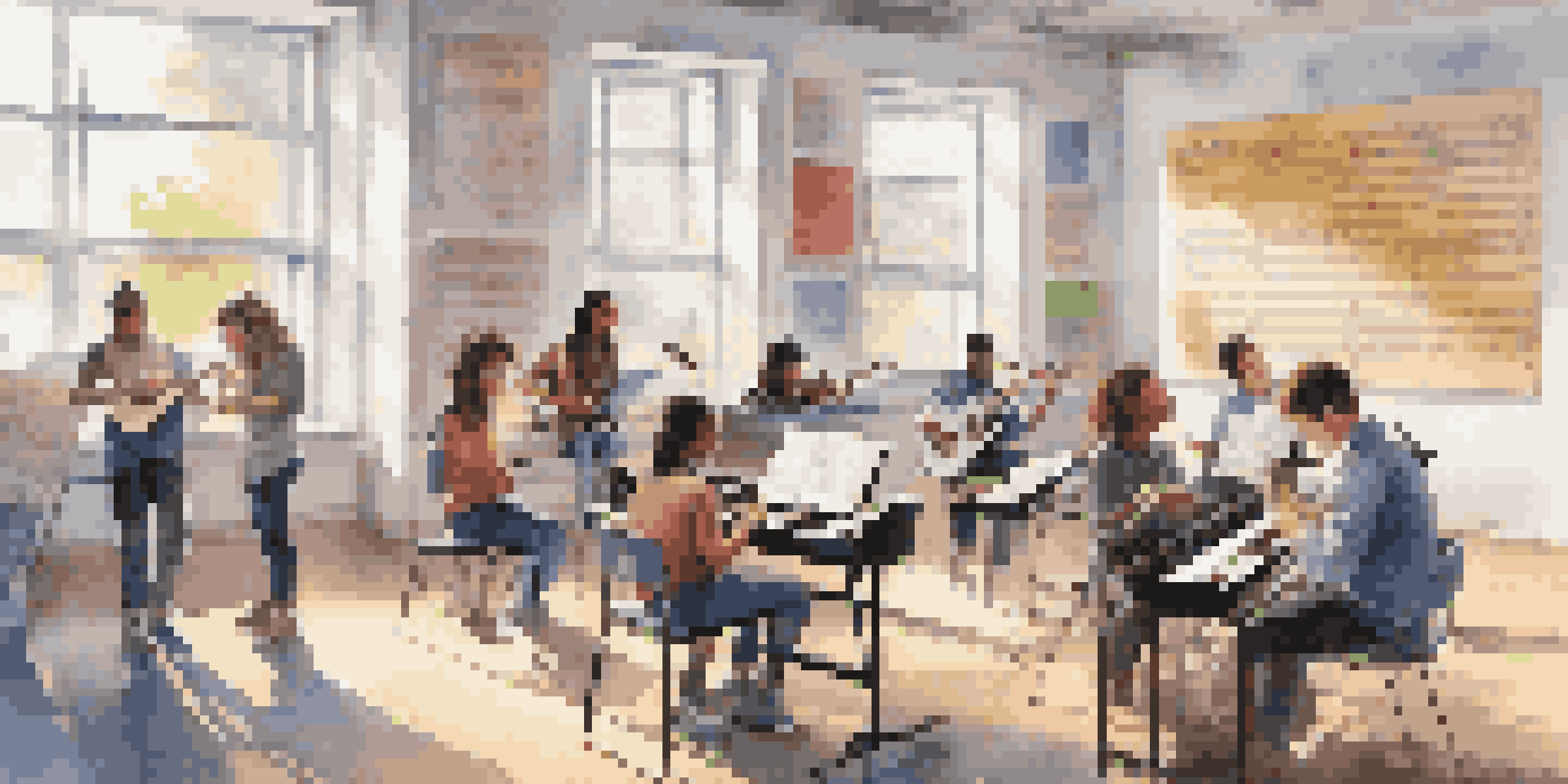 A modern classroom with diverse students using tablets for music education, collaborating and discussing music concepts.