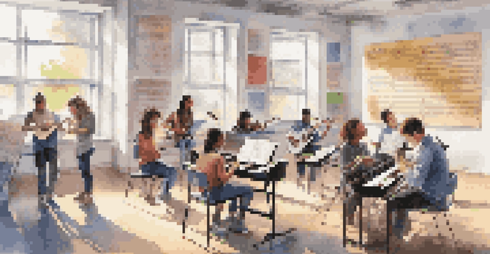 A modern classroom with diverse students using tablets for music education, collaborating and discussing music concepts.