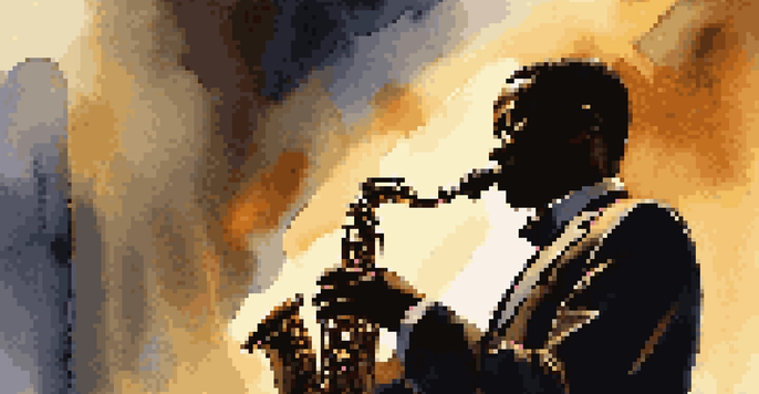 A jazz musician passionately playing the saxophone on stage, with warm spotlighting illuminating their expressive face and the audience in the background.