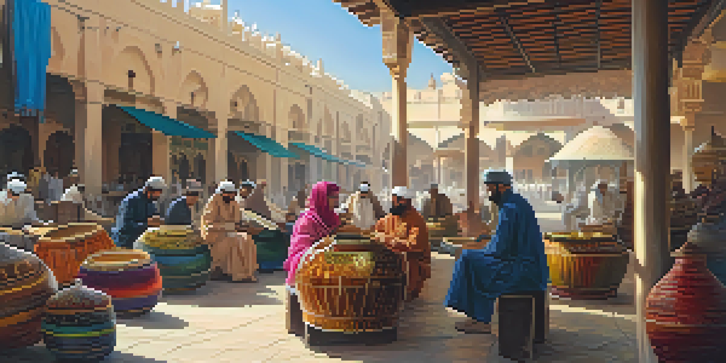 A colorful market in the Middle East with traditional musicians playing instruments surrounded by textiles and spices.
