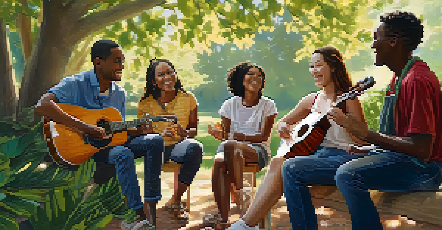 People of different ages playing instruments together in a joyful outdoor music therapy session.