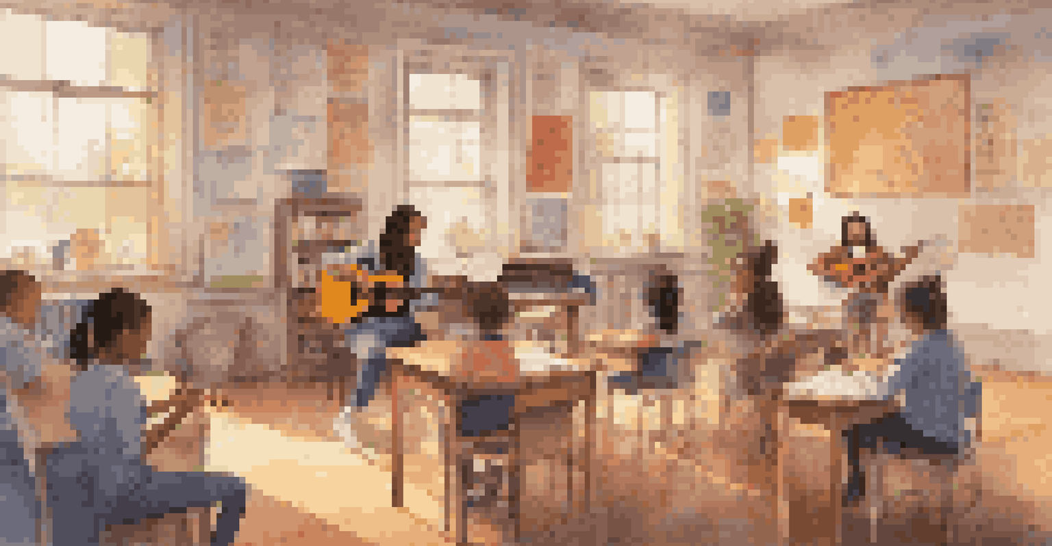 A music classroom with a teacher and diverse young students actively learning and playing instruments.