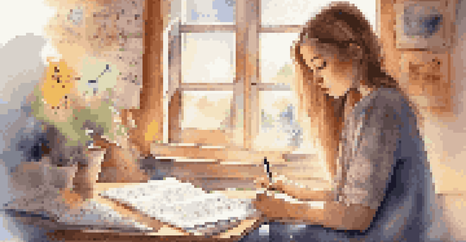 A teenage girl focused on writing lyrics in a notebook, with musical notes and drawings around her in a bright room.