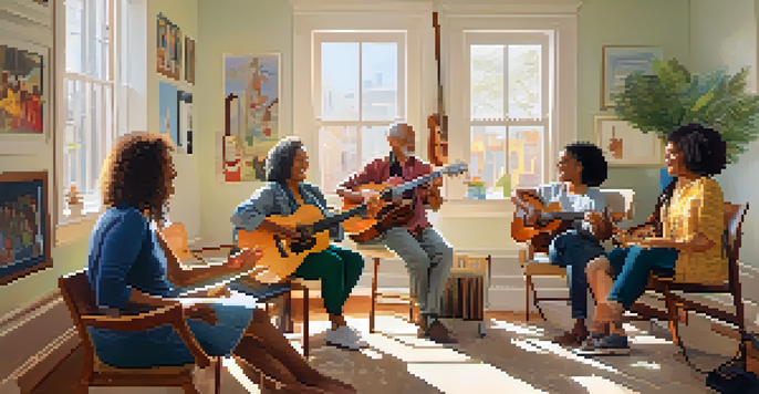 A music therapy session with a therapist playing guitar and diverse patients singing and clapping in a bright room.