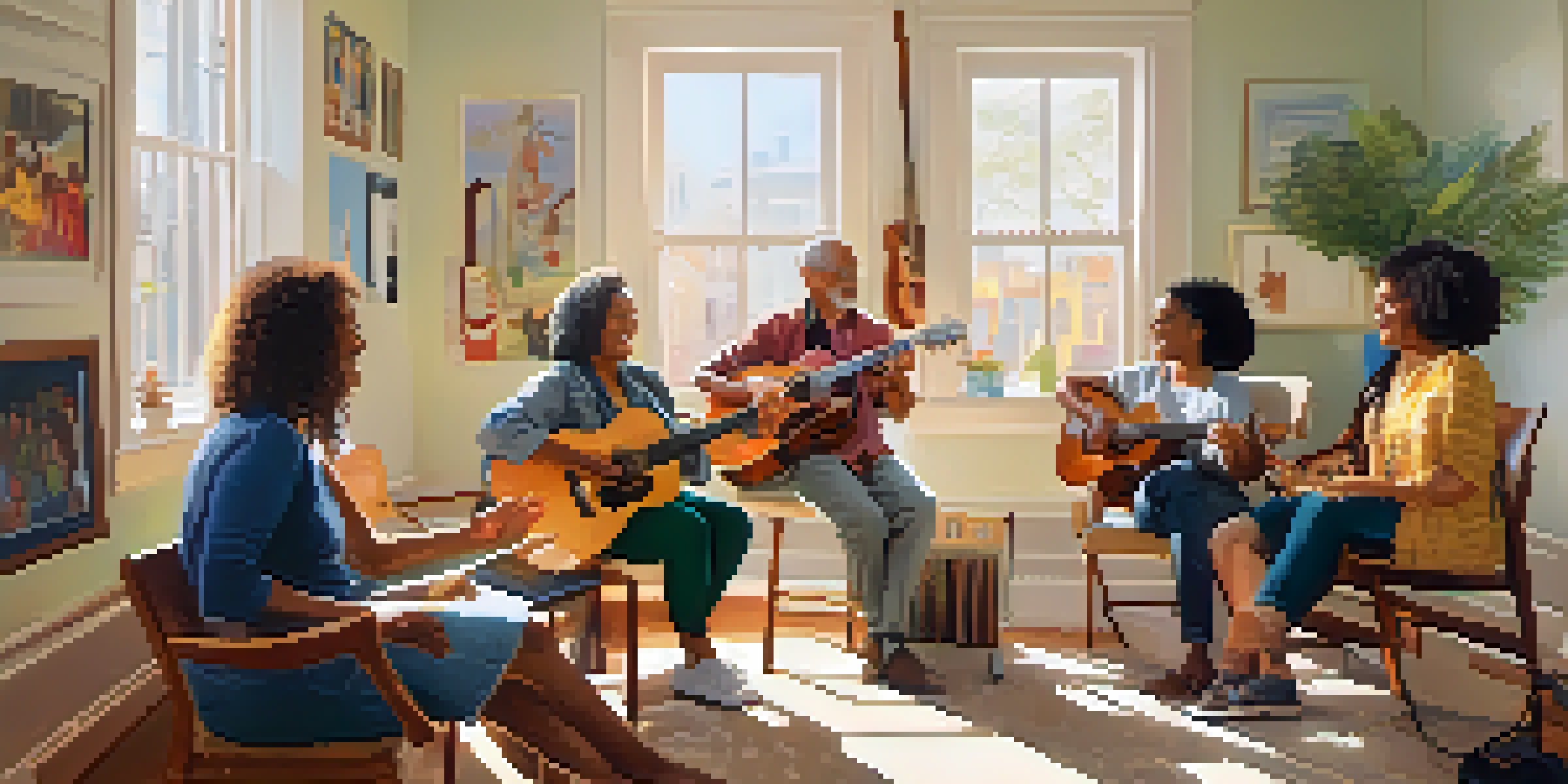 A music therapy session with a therapist playing guitar and diverse patients singing and clapping in a bright room.