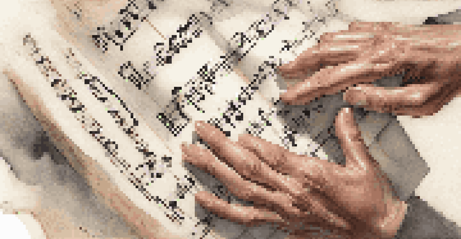 Close-up of a choir member's hands holding sheet music, with soft lighting creating an intimate atmosphere.
