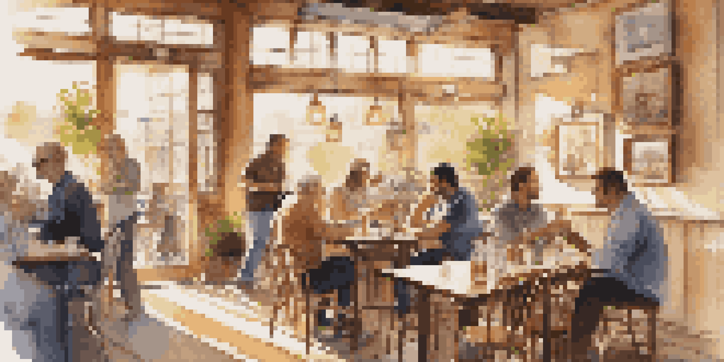 A vibrant café filled with patrons enjoying their drinks, a musician playing guitar in the corner, and sunlight filtering through the windows.