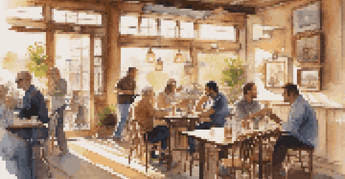 A vibrant café filled with patrons enjoying their drinks, a musician playing guitar in the corner, and sunlight filtering through the windows.