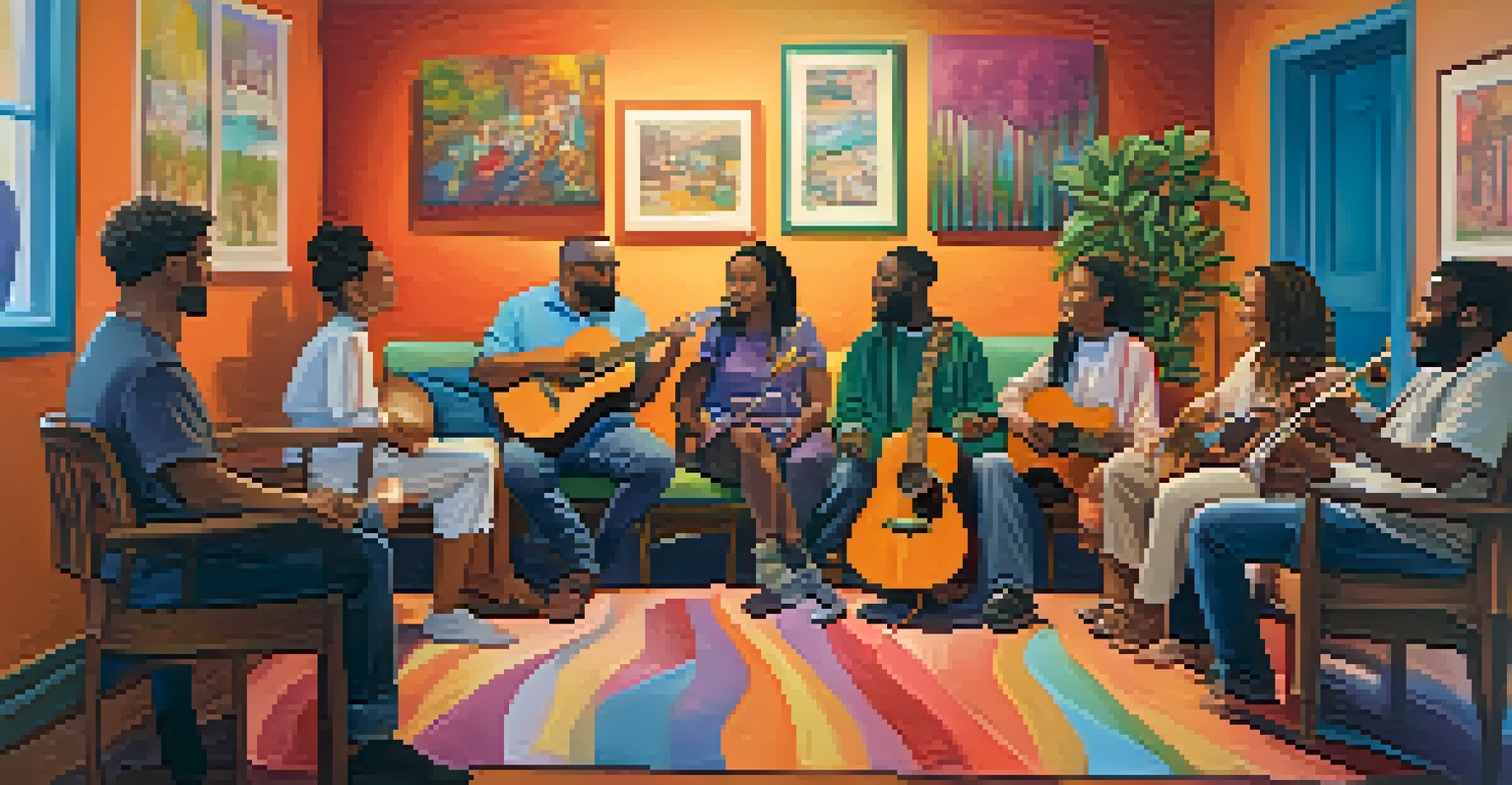 A group of diverse individuals participating in a music therapy session, engaging with instruments and enjoying the atmosphere in a warm, colorful room.
