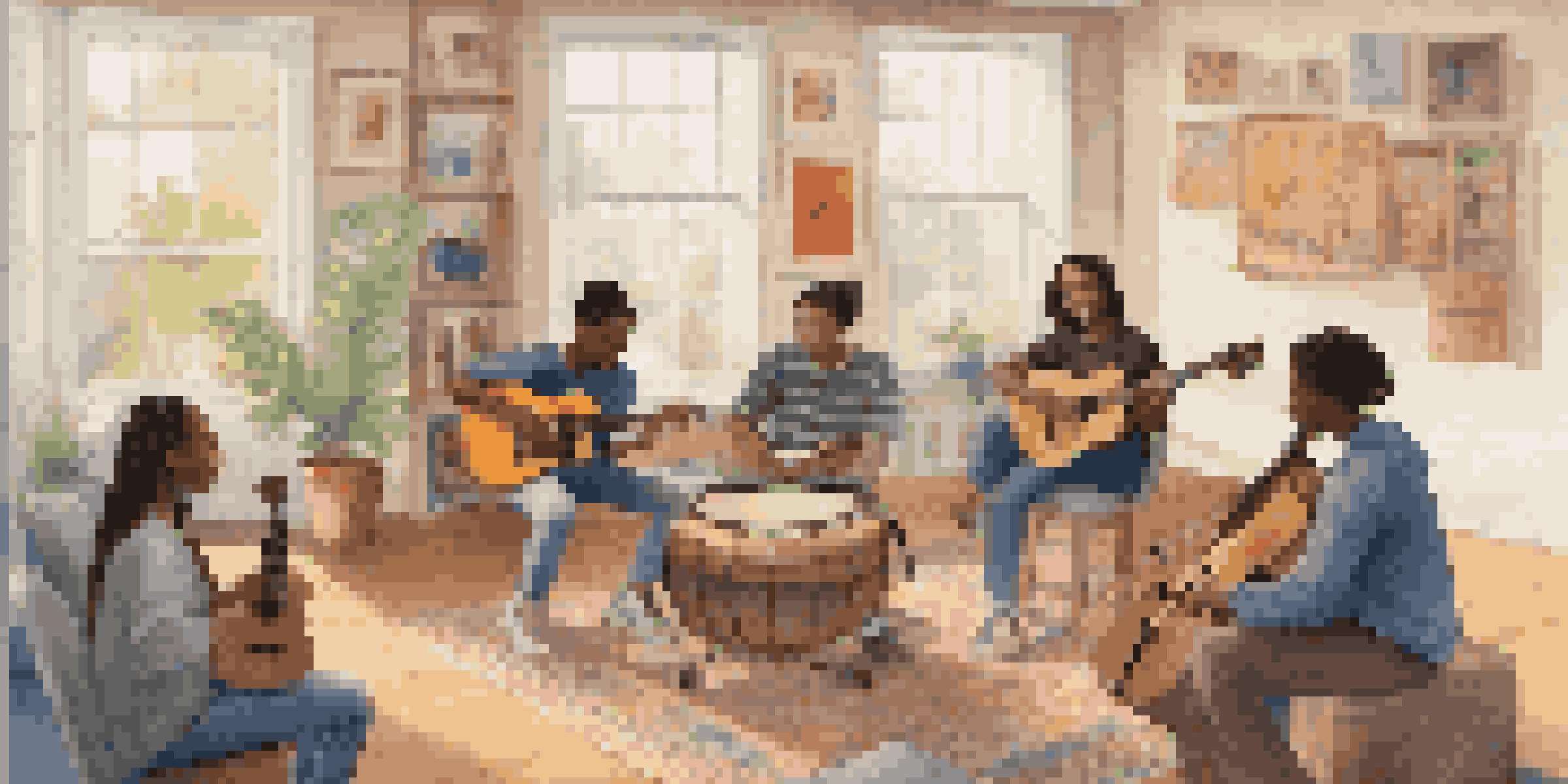 A group of teenagers participating in a music therapy session, surrounded by colorful artwork and natural light.