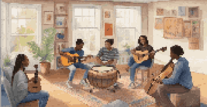 A group of teenagers participating in a music therapy session, surrounded by colorful artwork and natural light.