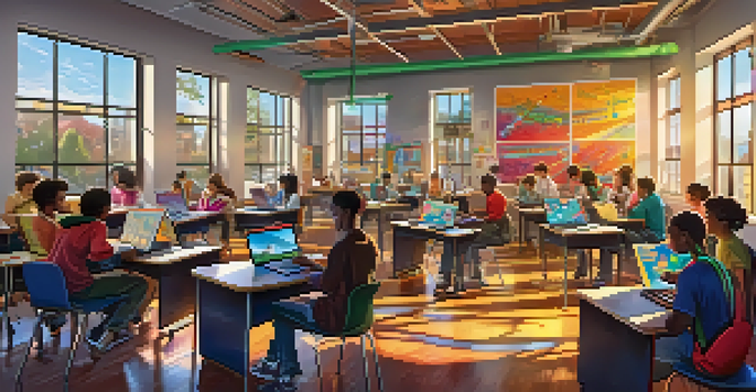 A lively classroom with students coding music on laptops, surrounded by colorful educational posters and musical instruments.