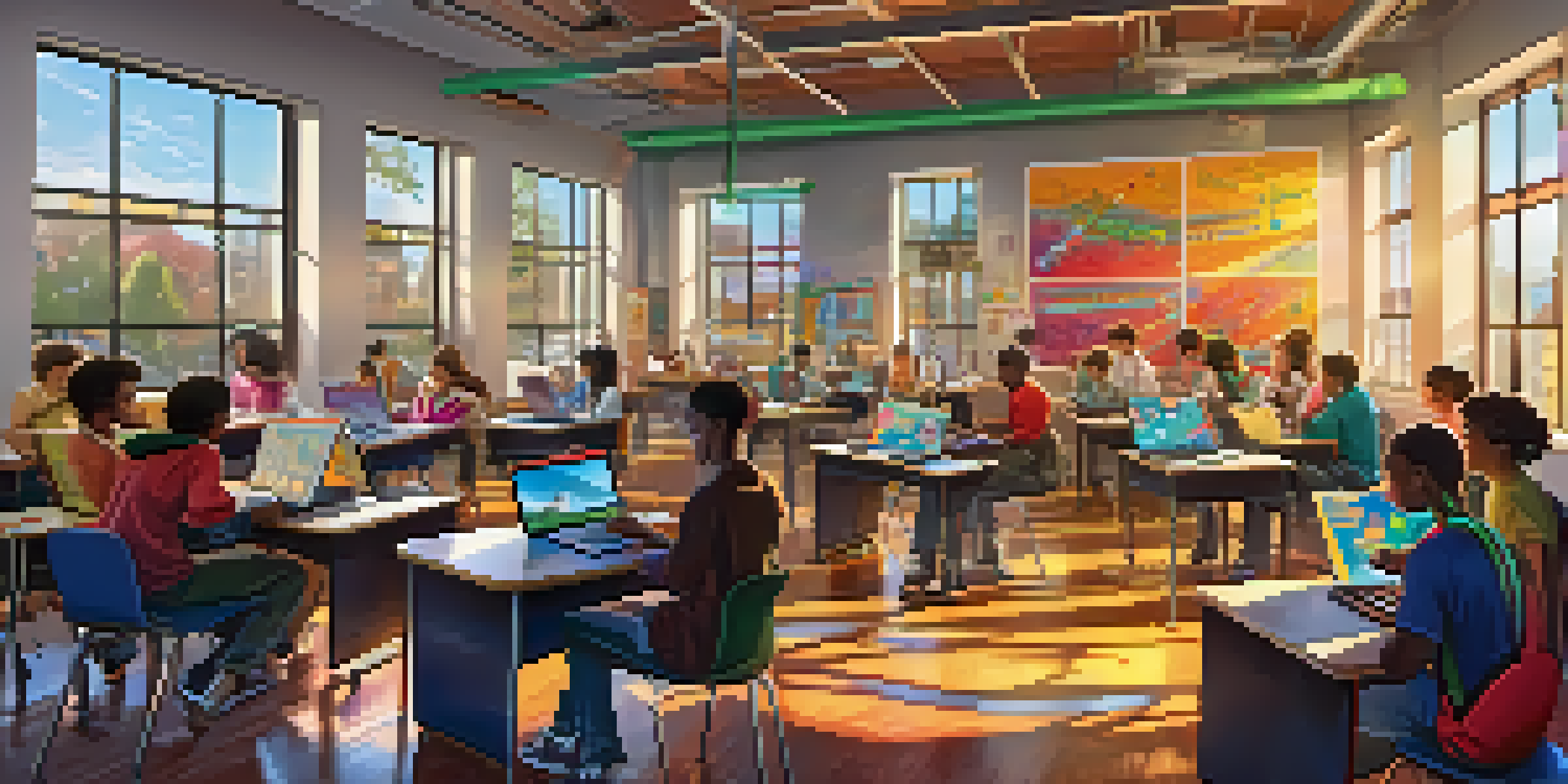 A lively classroom with students coding music on laptops, surrounded by colorful educational posters and musical instruments.