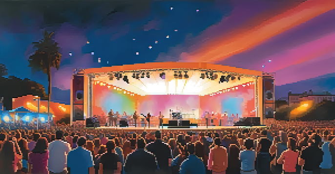 A lively outdoor concert with a large crowd, colorful stage lights, and a beautiful sunset sky.