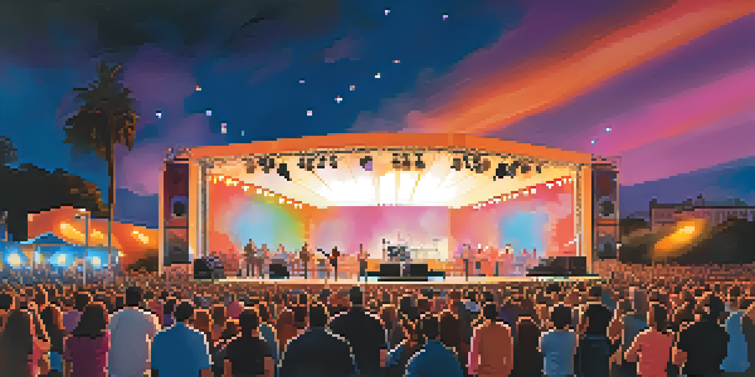 A lively outdoor concert with a large crowd, colorful stage lights, and a beautiful sunset sky.