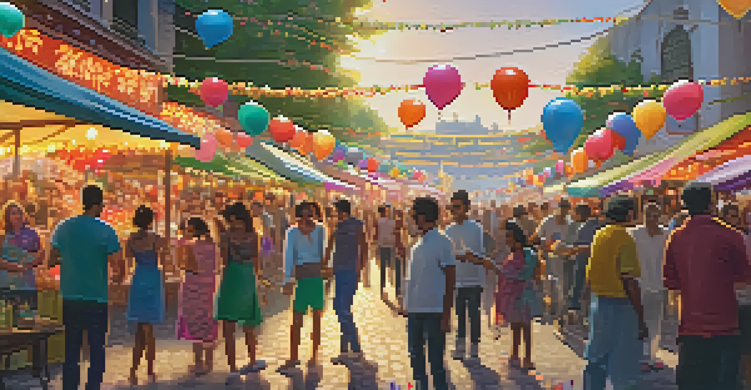 A lively festival scene with decorations, dancing people, and food stalls at sunset.