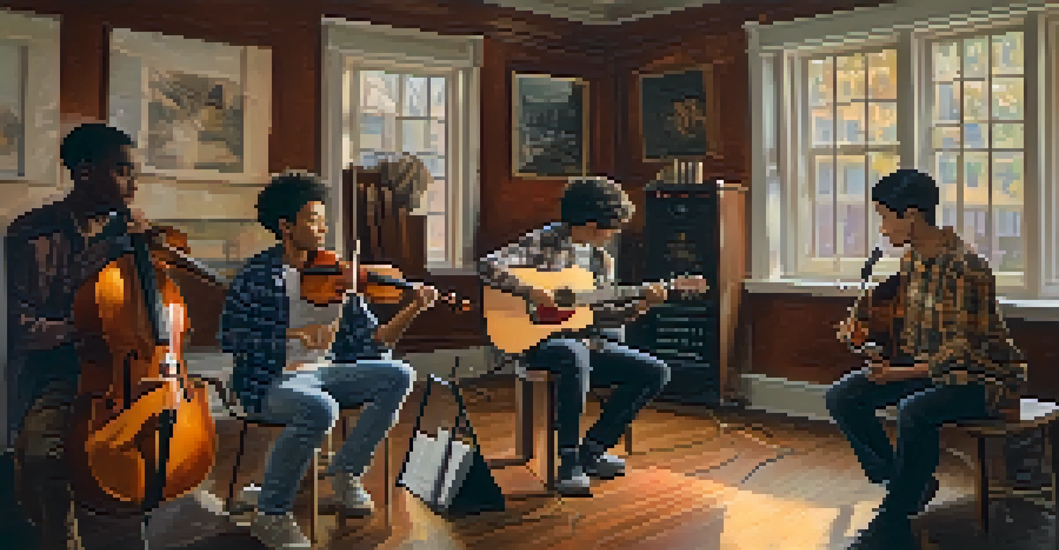 A student performing musically in a small group, with a supportive audience and a cozy atmosphere.