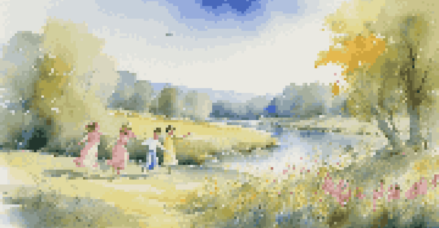 Children dancing and singing in a blooming meadow beside a river, under a clear blue sky.