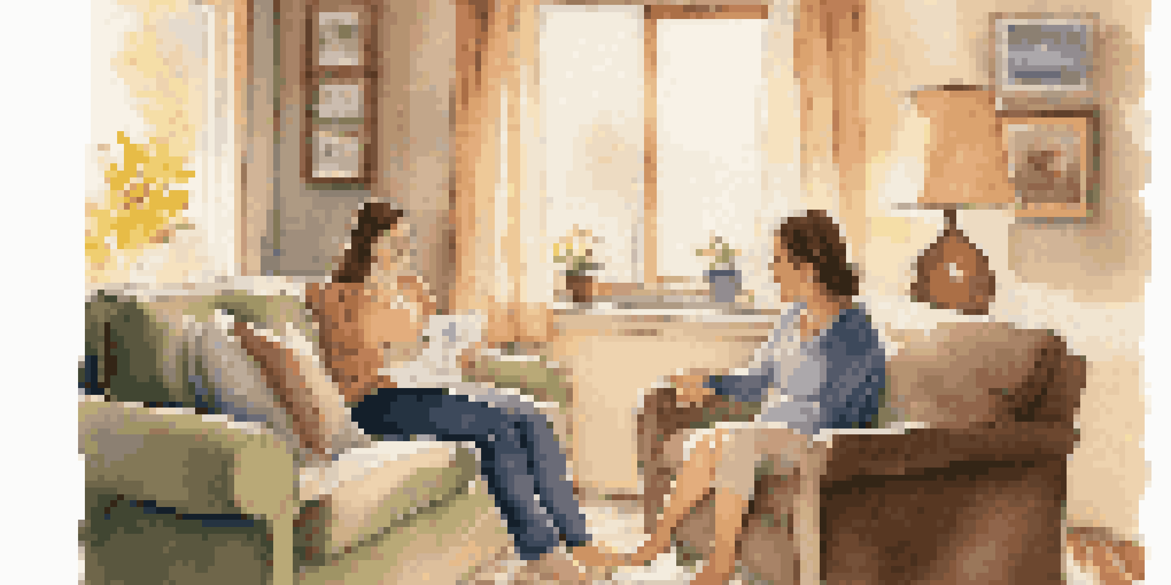 A parent and child sitting on a sofa in a cozy living room, having a supportive conversation.