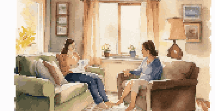 A parent and child sitting on a sofa in a cozy living room, having a supportive conversation.